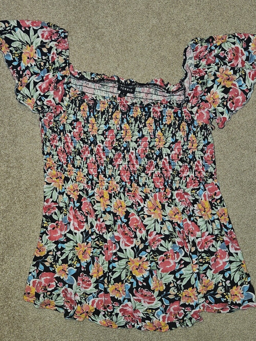 torrid Black Floral Smocked Square Neck Blouse